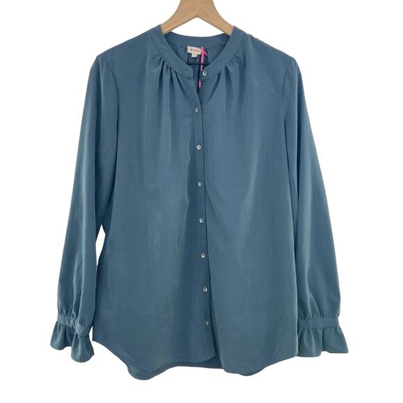 NEW Cremieux Blue Velvet Button Down Blouse Large Long-sleeved Ruffle Cuff - Picture 3 of 9